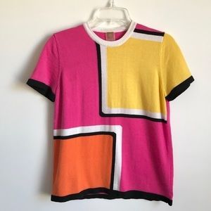 FIRM PRICE Anne Klein Retro Geometric Knit Top Short Sleeve Pink Yellow Orange